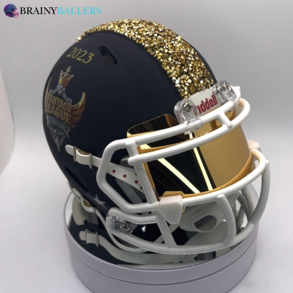 2023 Fantasy Football Championship Mini Football Helmet Trophy - Gold Crystals, Visor, Eagle Style, Navy