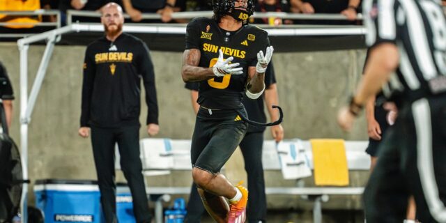 Jordyn Tyson, Arizona State football player, in action.