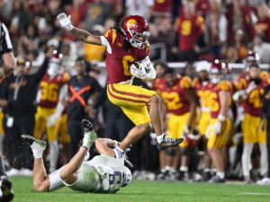Makai Lemon, USC football player, in action.