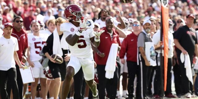 Alabama wide receiver Germie Bernard catches the ball against Michigan at Raymond James Stadium