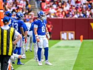 New York Giants quarterback Jaxson Dart on the field during the Commanders vs. Giants Week 1 game of the 2025 NFL season