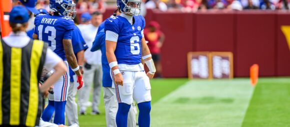 New York Giants quarterback Jaxson Dart on the field during the Commanders vs. Giants Week 1 game of the 2025 NFL season