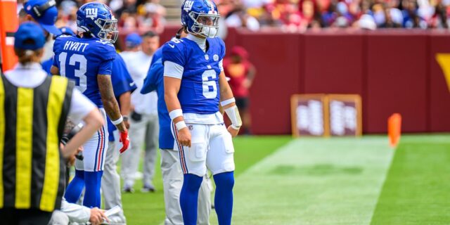 New York Giants quarterback Jaxson Dart on the field during the Commanders vs. Giants Week 1 game of the 2025 NFL season