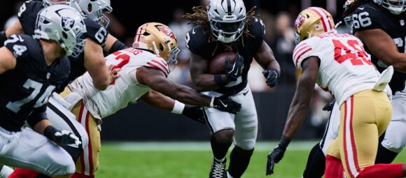Ashton Jeanty rushing for the Raiders during the 2025 preseason vs the 49ers