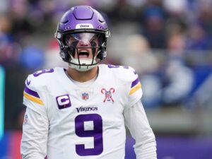 J.J. McCarthy in a Minnesota Vikings uniform during the 2026 QB competition