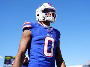 Buffalo Bills WR Keon Coleman in uniform before a 2024 home game