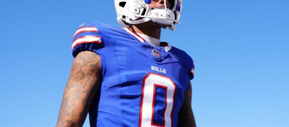 Buffalo Bills WR Keon Coleman in uniform before a 2024 home game