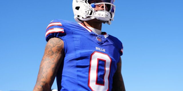 Buffalo Bills WR Keon Coleman in uniform before a 2024 home game
