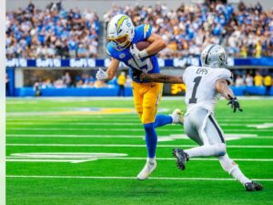 Chargers wide receiver Ladd McConkey makes a catch during a 2024 game at SoFi Stadium