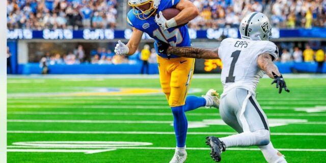 Chargers wide receiver Ladd McConkey makes a catch during a 2024 game at SoFi Stadium