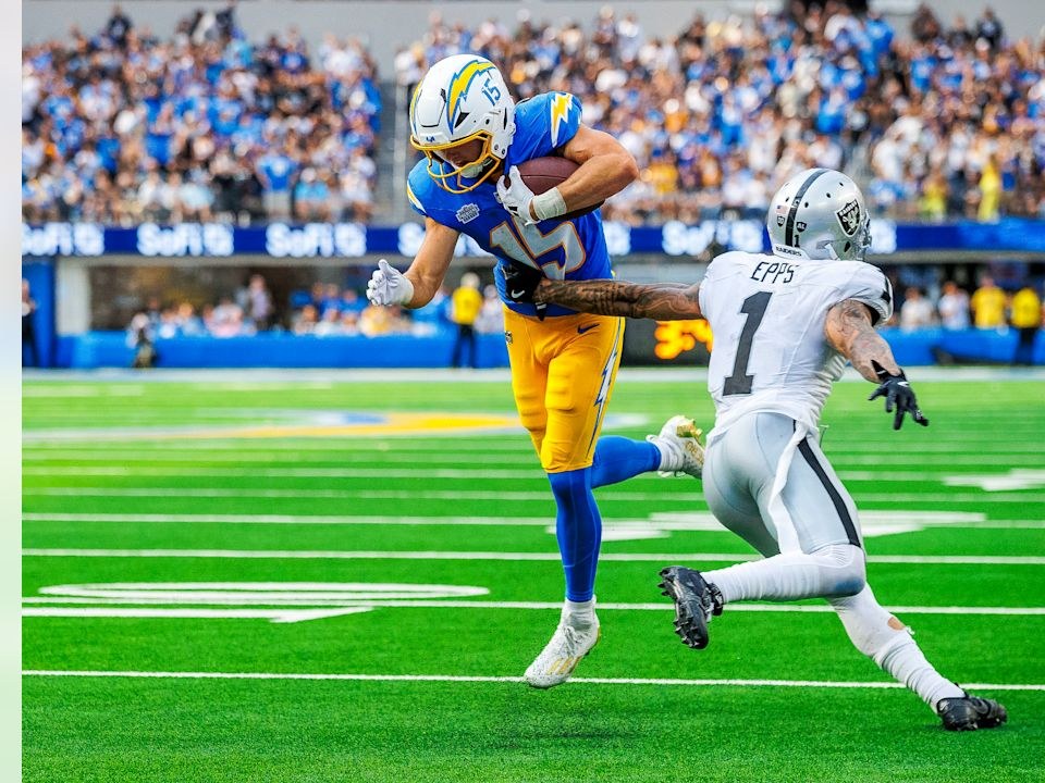 Chargers wide receiver Ladd McConkey makes a catch during a 2024 game at SoFi Stadium