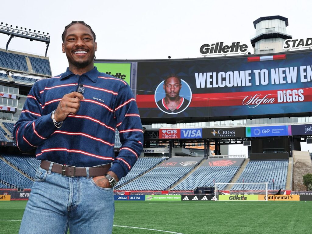Stefon Diggs introduced at Gillette Stadium as a New England Patriot, March 2025