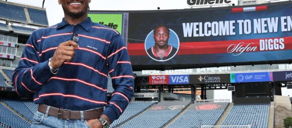 Stefon Diggs introduced at Gillette Stadium as a New England Patriot, March 2025