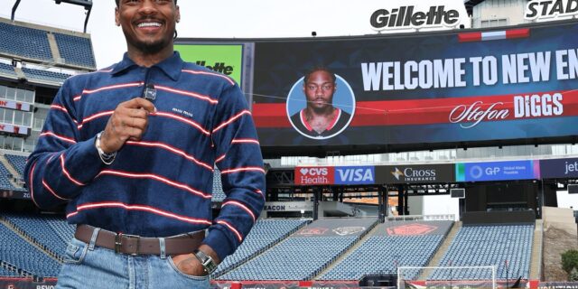 Stefon Diggs introduced at Gillette Stadium as a New England Patriot, March 2025
