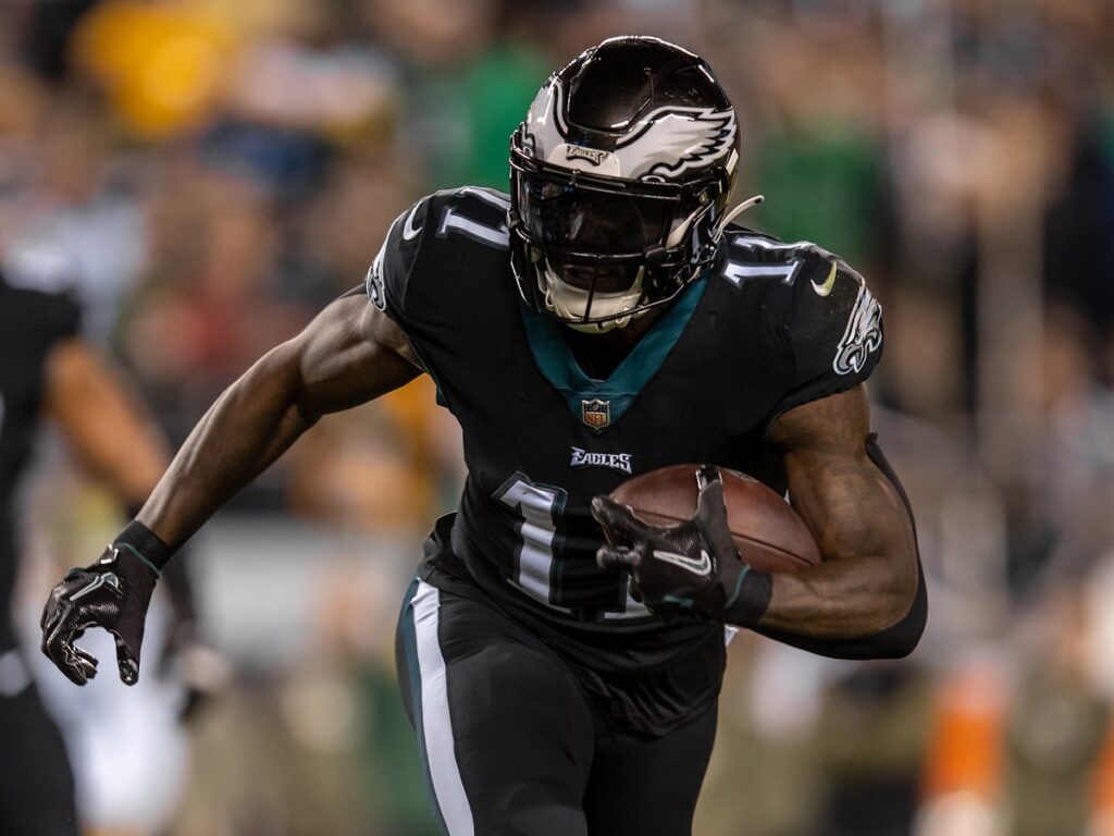 A.J. Brown runs after the catch in his Philadelphia Eagles uniform