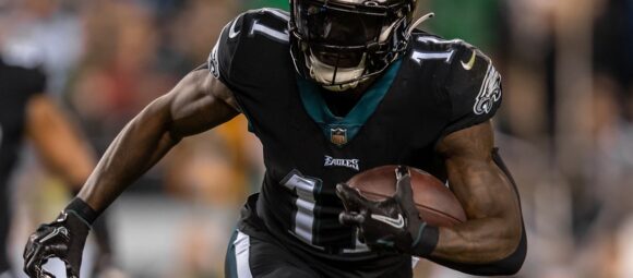 A.J. Brown runs after the catch in his Philadelphia Eagles uniform