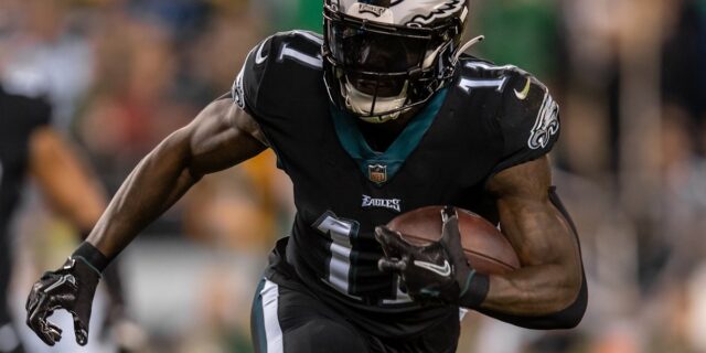 A.J. Brown runs after the catch in his Philadelphia Eagles uniform