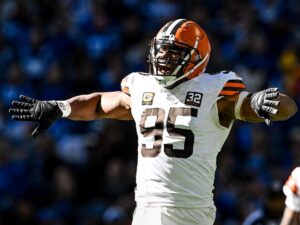 Myles Garrett celebrates during a Browns game