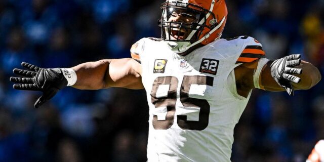 Myles Garrett celebrates during a Browns game