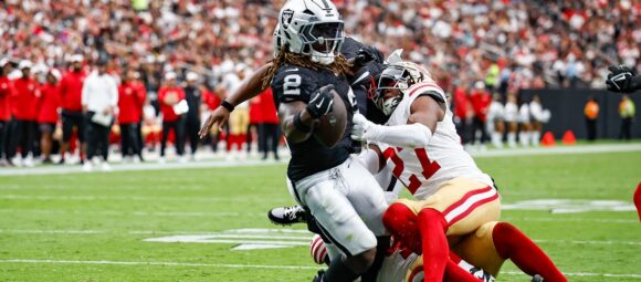 Las Vegas Raiders running back Ashton Jeanty carries the ball during the Aug. 16, 2025 preseason game against the San Francisco 49ers at Allegiant Stadium